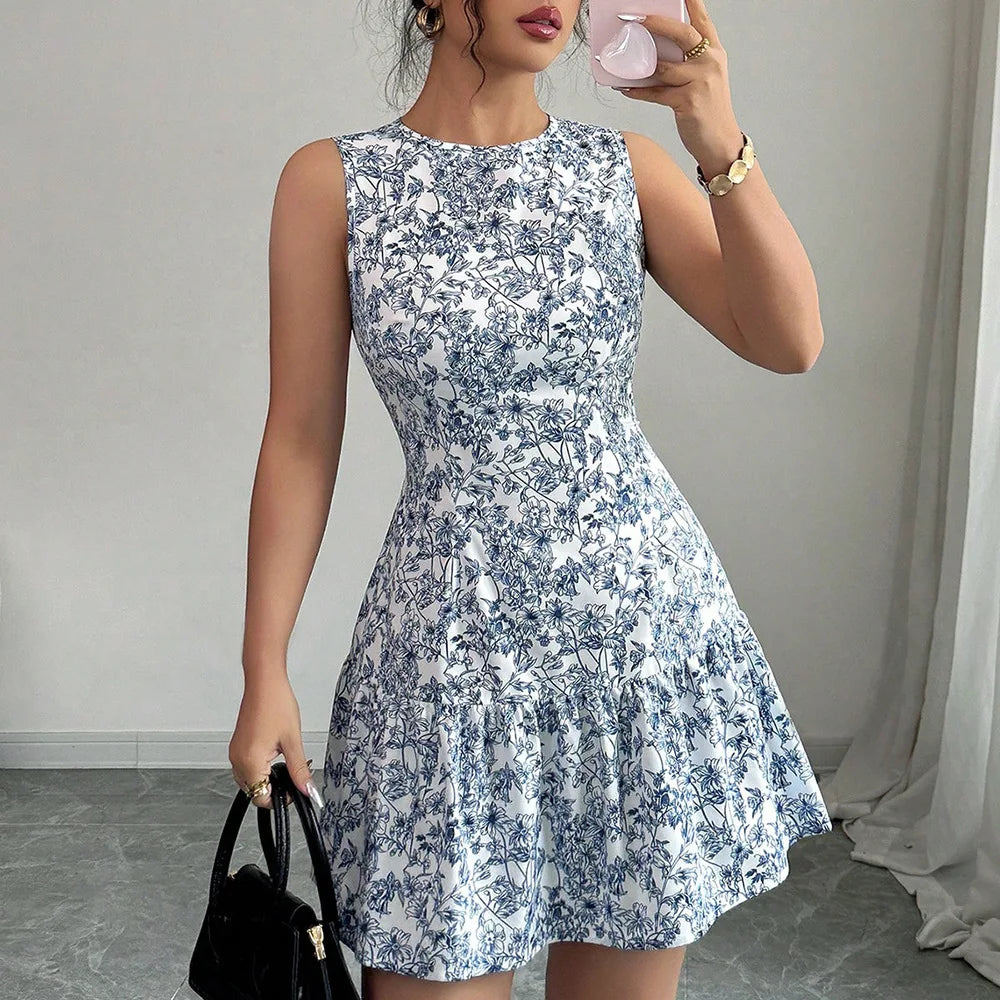 Ropas De Mujeres Print Dresses Vestidos Elegantes Women Vest Dress Sleeveless Summer Beach Bohemian Round Neck Retro Short Dress