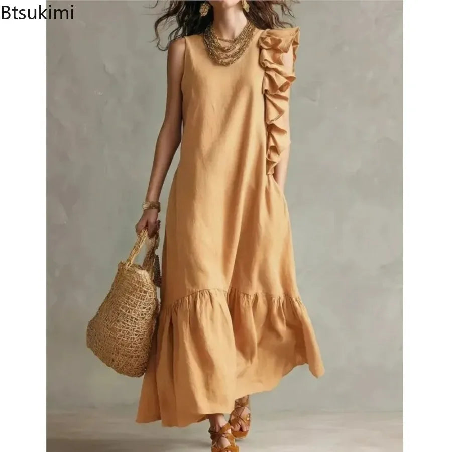 Women's Summer Irregular Ruffled Sleeveless Dress Casual Round Neck Solid Color Loose Long Dress Vestidos De Fiesta Elegantes