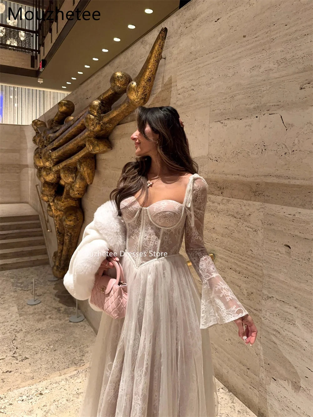 Mouzhetee A-Line Elegant Lace Tulle Wedding Dresses Long Sleeve Simple No shawl Brides Gown Custom Made 2025