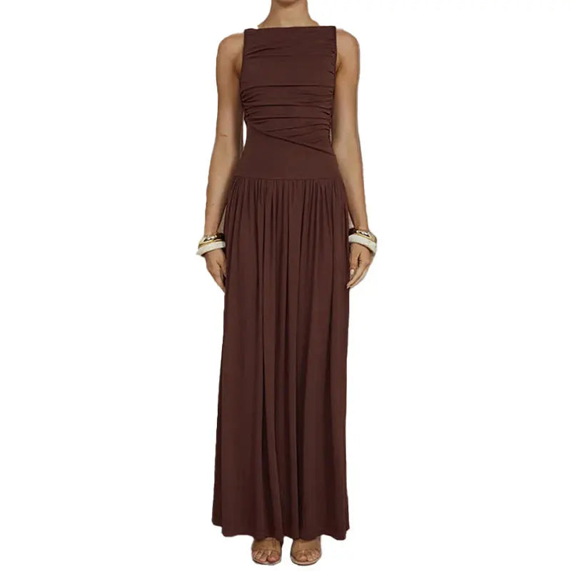 Women's Elegant Ruffled Waist Maxi Dress Boho Chic Sleeveless Long Dress for Summer Beach Holiday Vestidos De Fiesta Elegantes