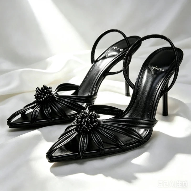 Luxury Gold Floral Detail Slingback Heels Women Unique Laminated Effect Design Pointed-Toe Heel Sandals Elegant Party Dress Shoe