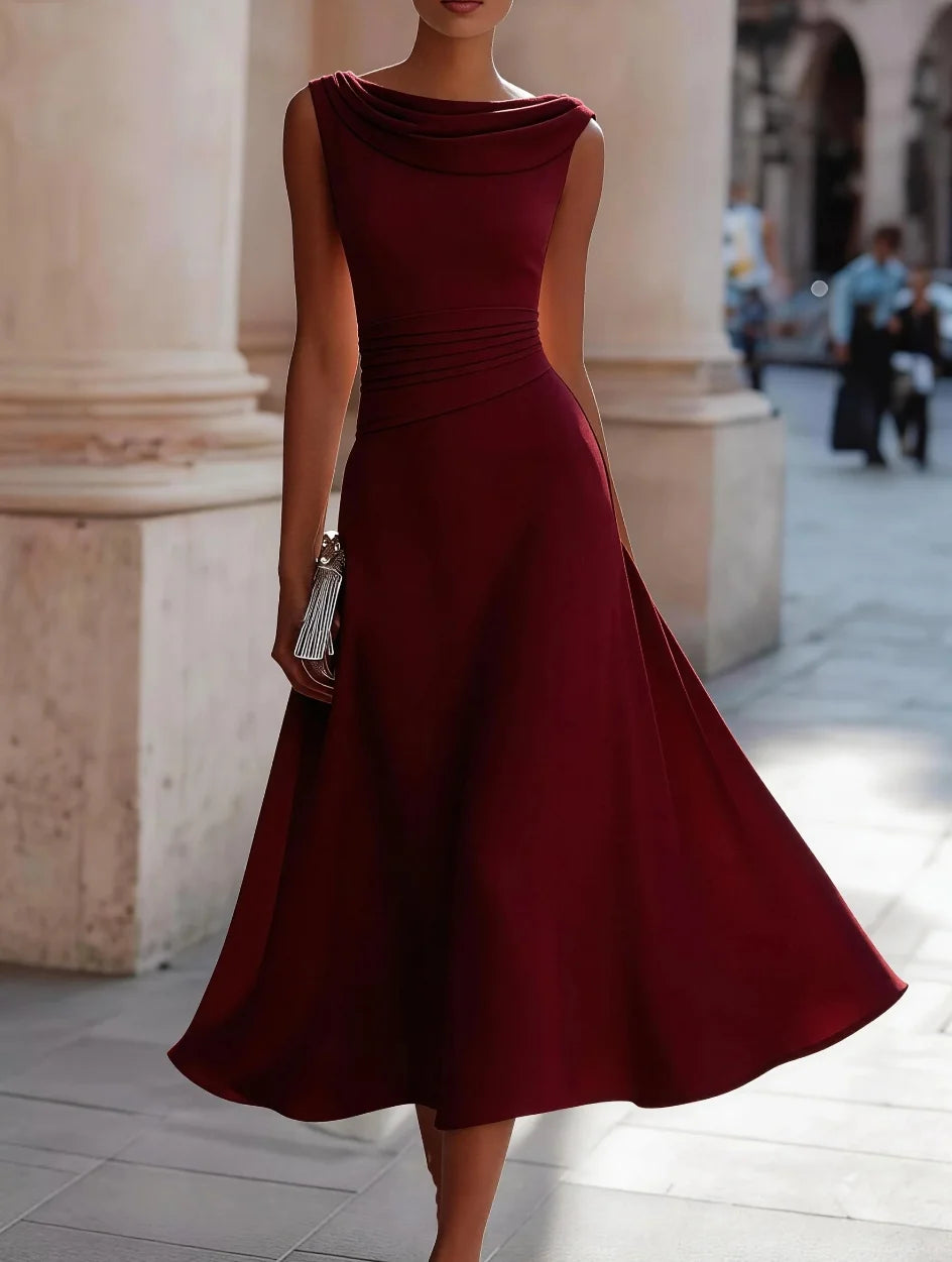Sleeveless Cowl Neck Pleated Waist A Line Midi Dress Women Elegant Party Dress