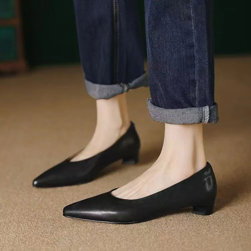 2026 New Arrival Women's Low-Heel Pumps Black Leather Formal Shoes Slip-On Commuter Comfortable Mid-Heel Pumps