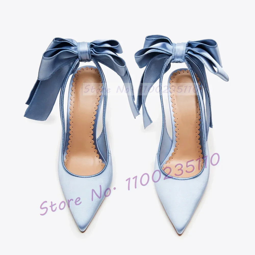 White Sleek Satin Pointed Toe Slingback Sandals Women Feminine Bow Detail Stiletto Shoes Office Lady Wedding Elegant Party Shoes