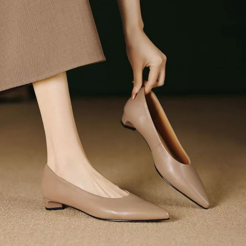 2026 New Arrival Women's Low-Heel Pumps Black Leather Formal Shoes Slip-On Commuter Comfortable Mid-Heel Pumps