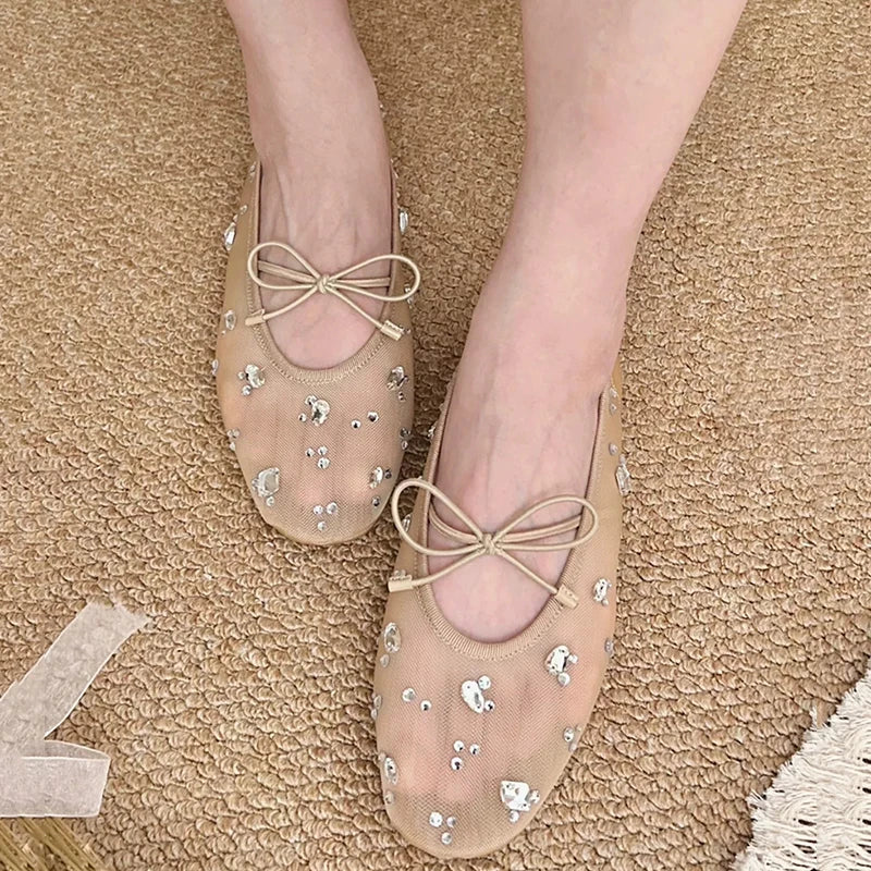 Summer Elegant Women's Sparkly Rhinestone Bow Mesh Block Low Heels Square Toe Ballet Pumps Wedding Party Dress Shoes For Ladies