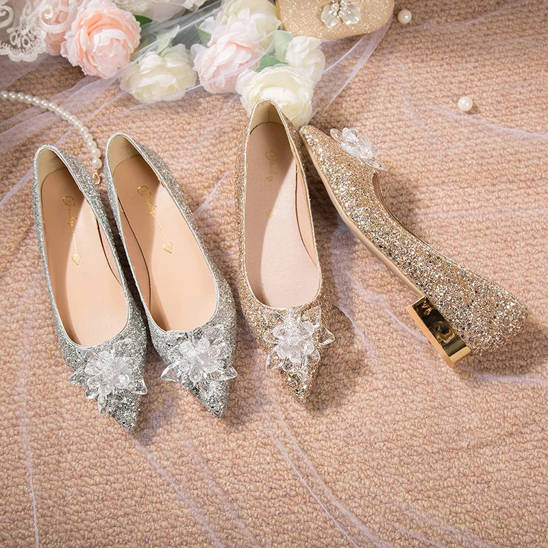 Glass Slipper Luxury Women's Wedding Shoes Fashion Bling Low Heels for Woman Exquisite Casual Shoes Designer Shoes Zapatos Mujer