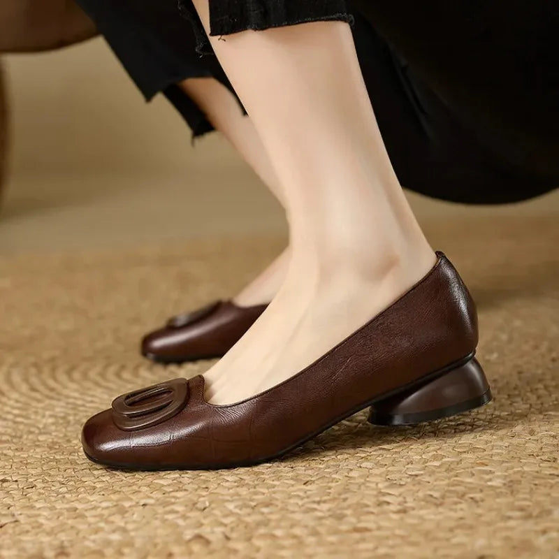 French Style Women Shoes Pumps Leather Shoes for Women Square Head Fashion Shoes Woman Footwear