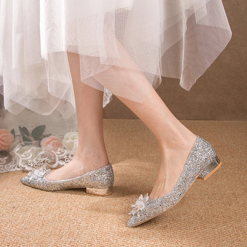 Glass Slipper Luxury Women's Wedding Shoes Fashion Bling Low Heels for Woman Exquisite Casual Shoes Designer Shoes Zapatos Mujer