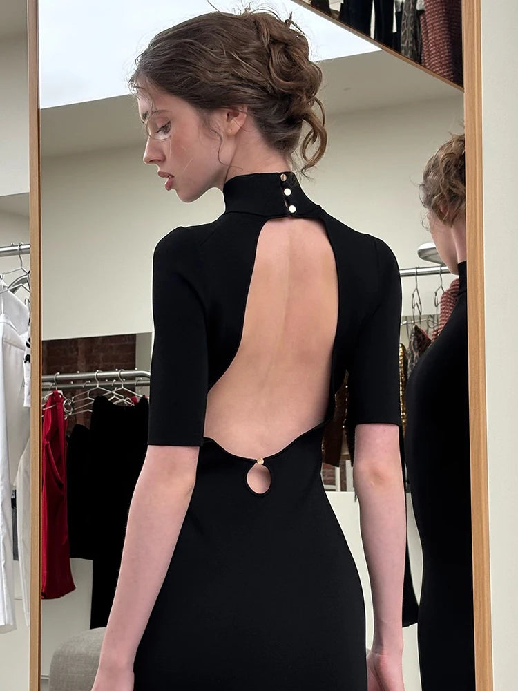 Nibber Peach Hip Elegant Gown Dress Woman Turtleneck Short Sleeve Backless High Waist Skinny Evening Prom Party Long Bodycon