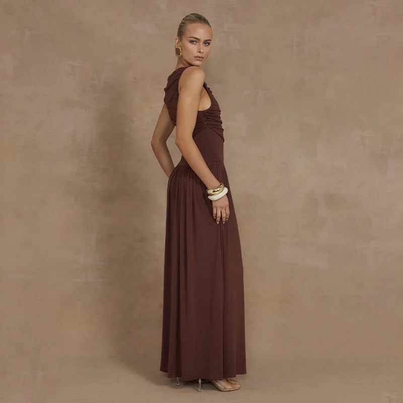 Women's Elegant Ruffled Waist Maxi Dress Boho Chic Sleeveless Long Dress for Summer Beach Holiday Vestidos De Fiesta Elegantes