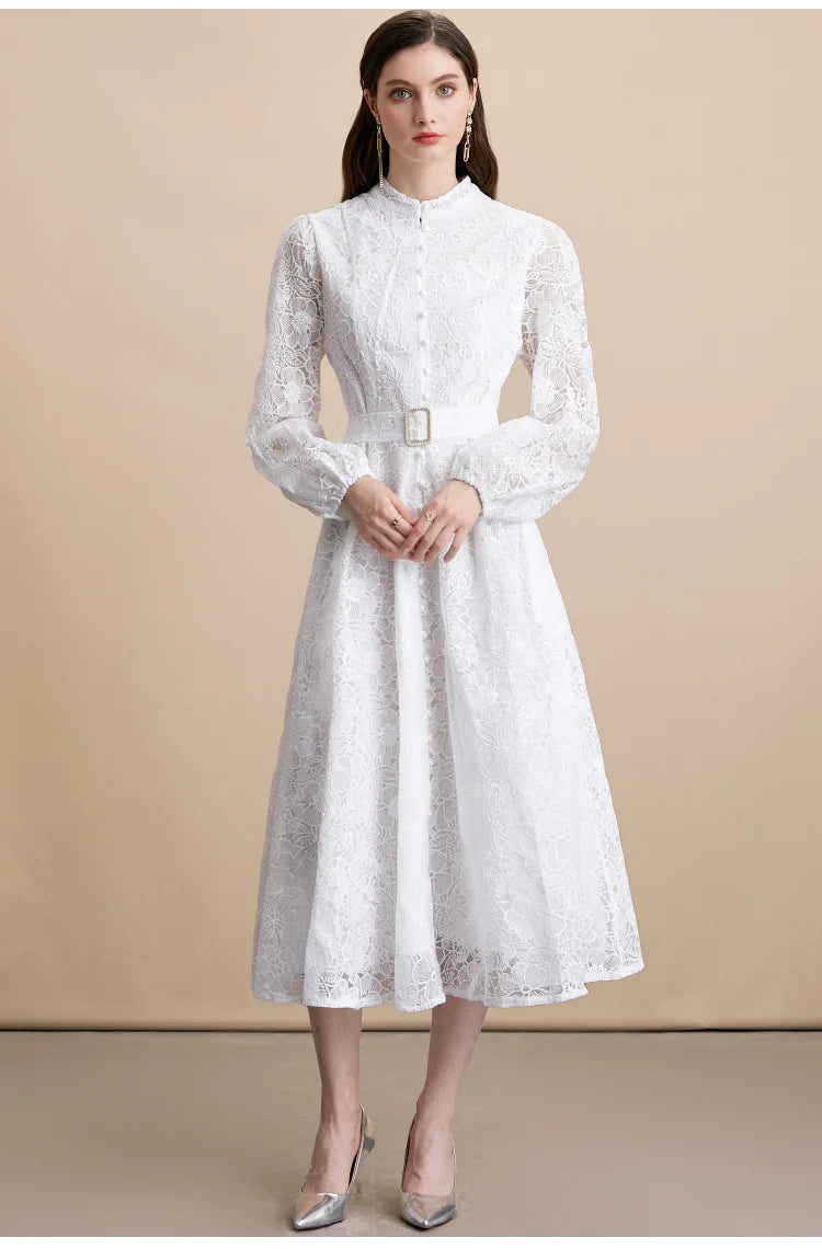 Elegant Lace embroidery Midi dress with belt Women's 2026 Spring summer Luxury Single breasted long sleeve dresses INKEO 5D271
