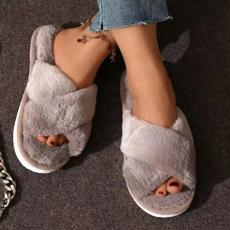 Autumn Winter Fluffy Fur Slippers Women Lightweight Cross Band Plush Slides Woman 2025 Open Toe Flats Fuzzy Home Slippers Female