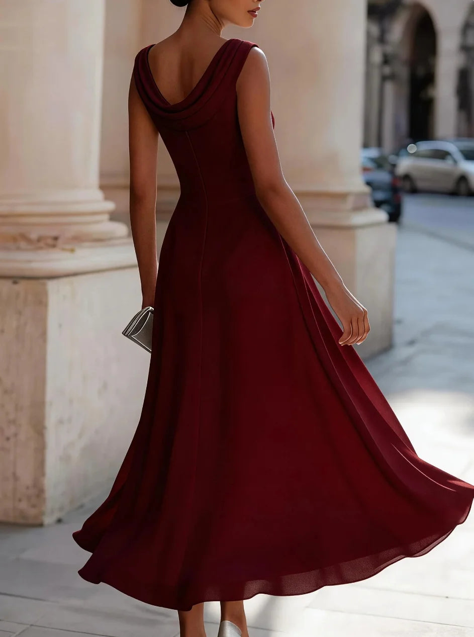 Sleeveless Cowl Neck Pleated Waist A Line Midi Dress Women Elegant Party Dress