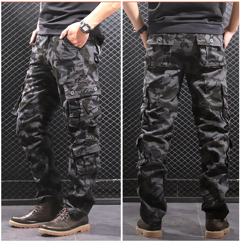 Autumn and winter new multi-pocket black gray camouflage overalls men's loose straight plus size wear-resistant casual trousers trendy