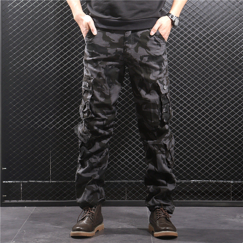 Autumn and winter new multi-pocket black gray camouflage overalls men's loose straight plus size wear-resistant casual trousers trendy