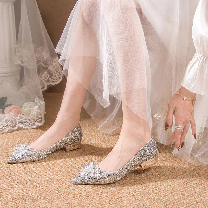Glass Slipper Luxury Women's Wedding Shoes Fashion Bling Low Heels for Woman Exquisite Casual Shoes Designer Shoes Zapatos Mujer
