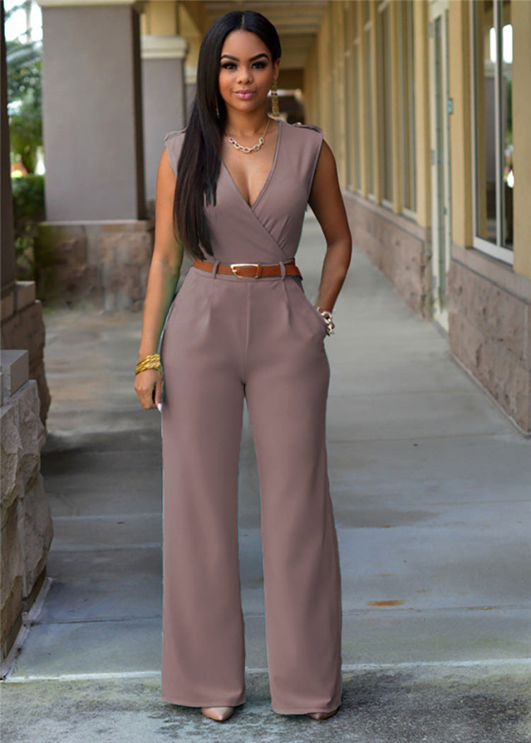 Amazon Summer New High Waist Solid Color Casual Women's Clothing European and American Foreign Trade V-neck Sleeveless Sexy Slim-fit Pants