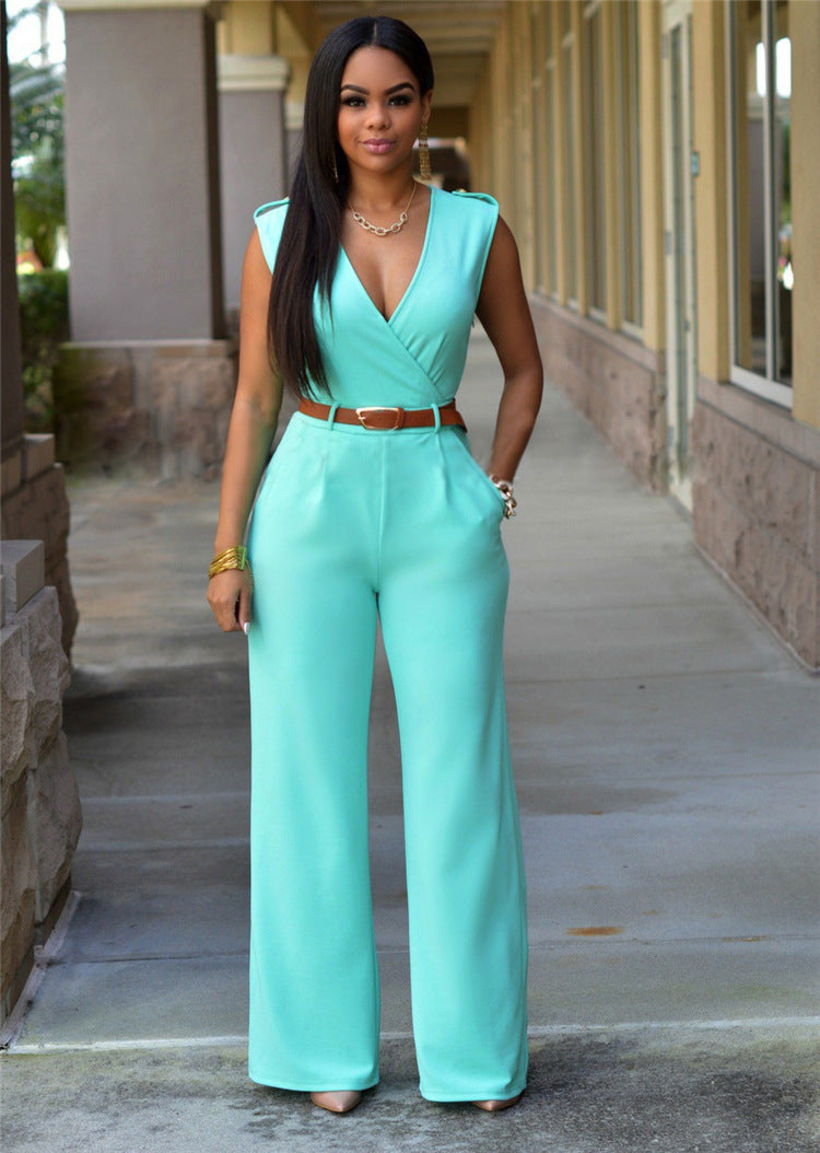 Amazon Summer New High Waist Solid Color Casual Women's Clothing European and American Foreign Trade V-neck Sleeveless Sexy Slim-fit Pants