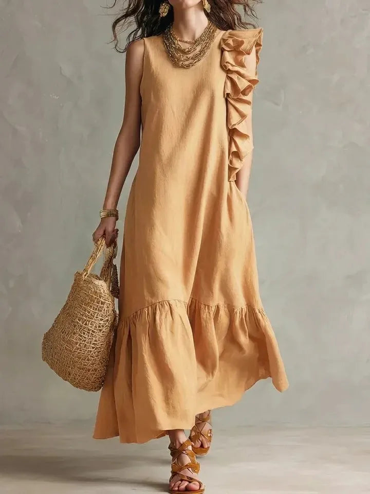 Women's Summer Irregular Ruffled Sleeveless Dress Casual Round Neck Solid Color Loose Long Dress Vestidos De Fiesta Elegantes
