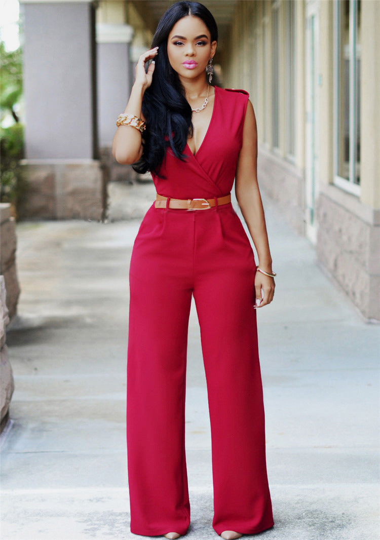 Amazon Summer New High Waist Solid Color Casual Women's Clothing European and American Foreign Trade V-neck Sleeveless Sexy Slim-fit Pants
