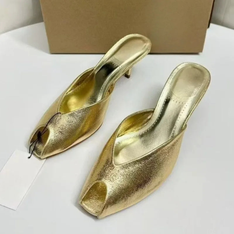 Women's Pumps Designer Gold Women Mules Sandals Luxury High Heels for Women Fashion Peep Toe Party Dress Shoe Summer Modern Shoe