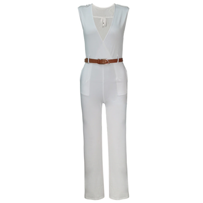Amazon Summer New High Waist Solid Color Casual Women's Clothing European and American Foreign Trade V-neck Sleeveless Sexy Slim-fit Pants
