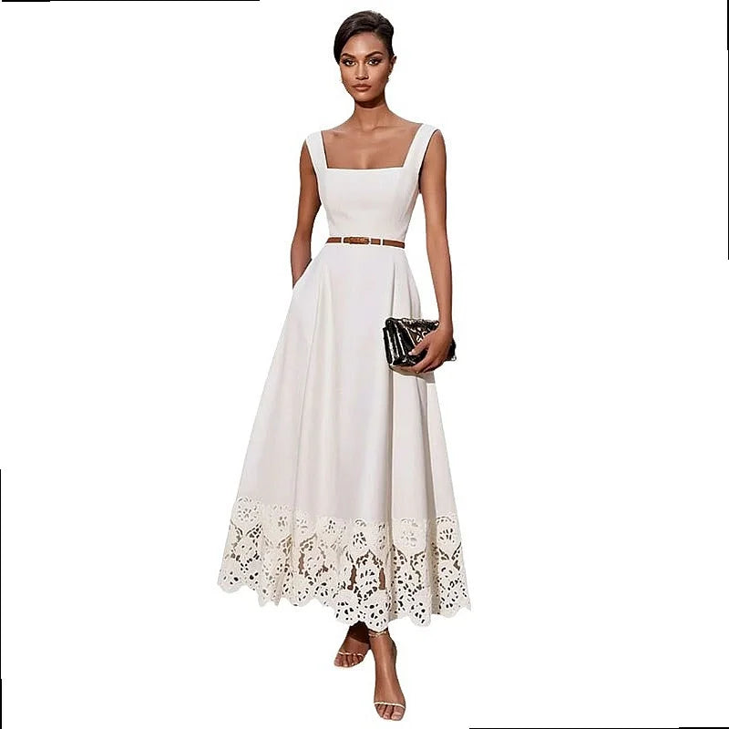 Elegant White Lace Hollow Square Neck Sleeveless A-Line Maxi Dresses, Classic Summer Flowy Long Dress for Women