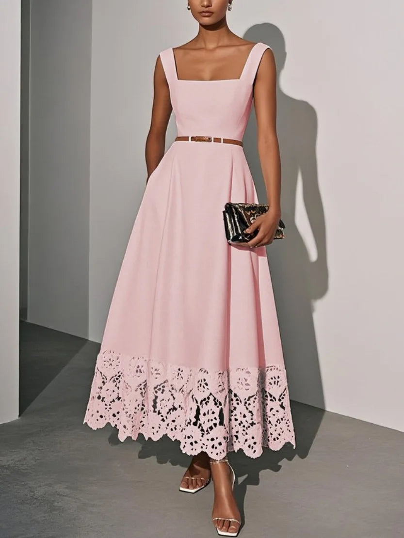 Elegant White Lace Hollow Square Neck Sleeveless A-Line Maxi Dresses, Classic Summer Flowy Long Dress for Women