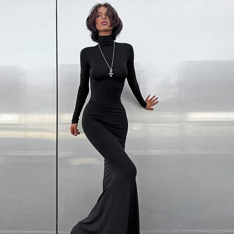 Party Dresses Women Casual Fashion Solid Streetwear Turtleneck Full Sleeves Hip Wrap Bodycon Elegant Long Vestidos Robes Female