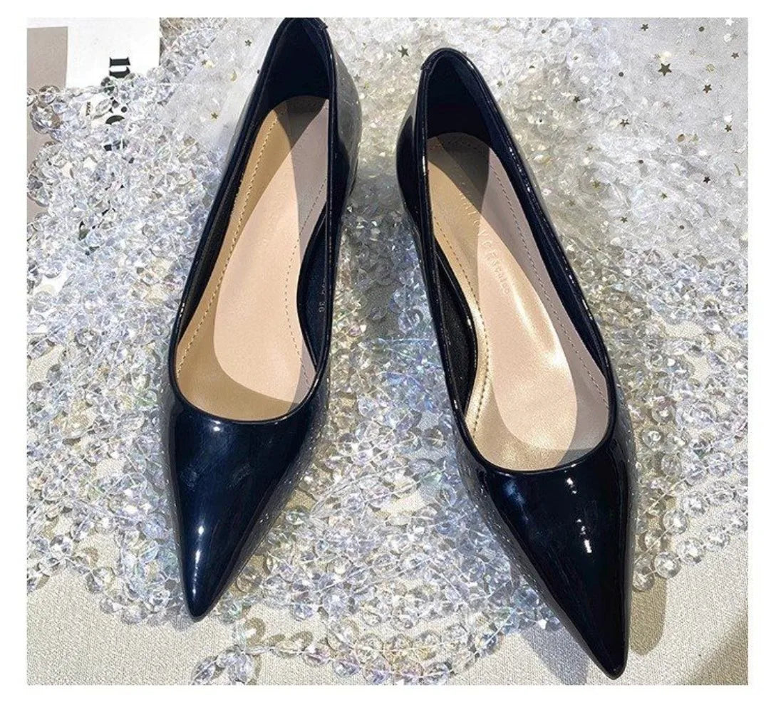 French style patent leather pointed single shoes  Pumps for women with a 3cm low heel new fashionable thick heel flat shoes