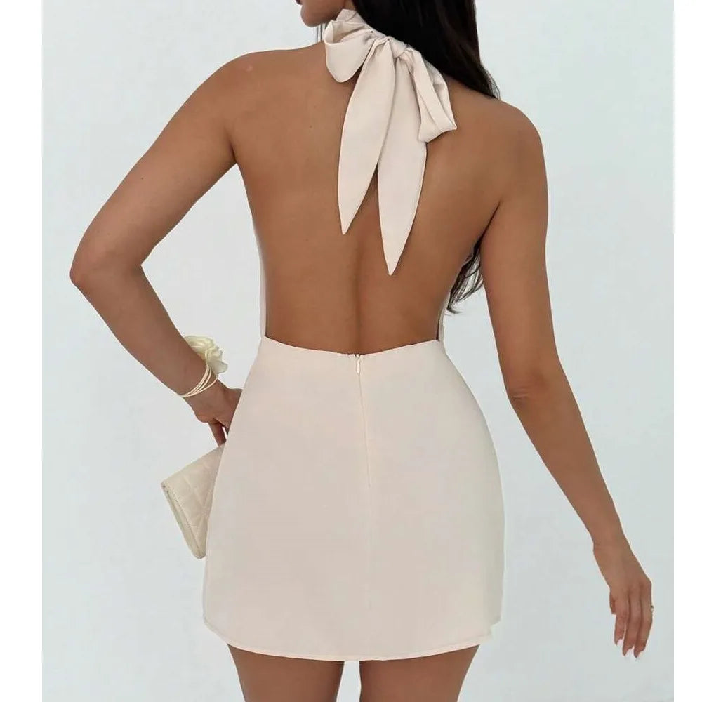 Sexy Sleeveless Dress Women Summer New Simple Party Dress High Neck Strappy Backless Short Dress Vestidos De Fiesta Elegantes
