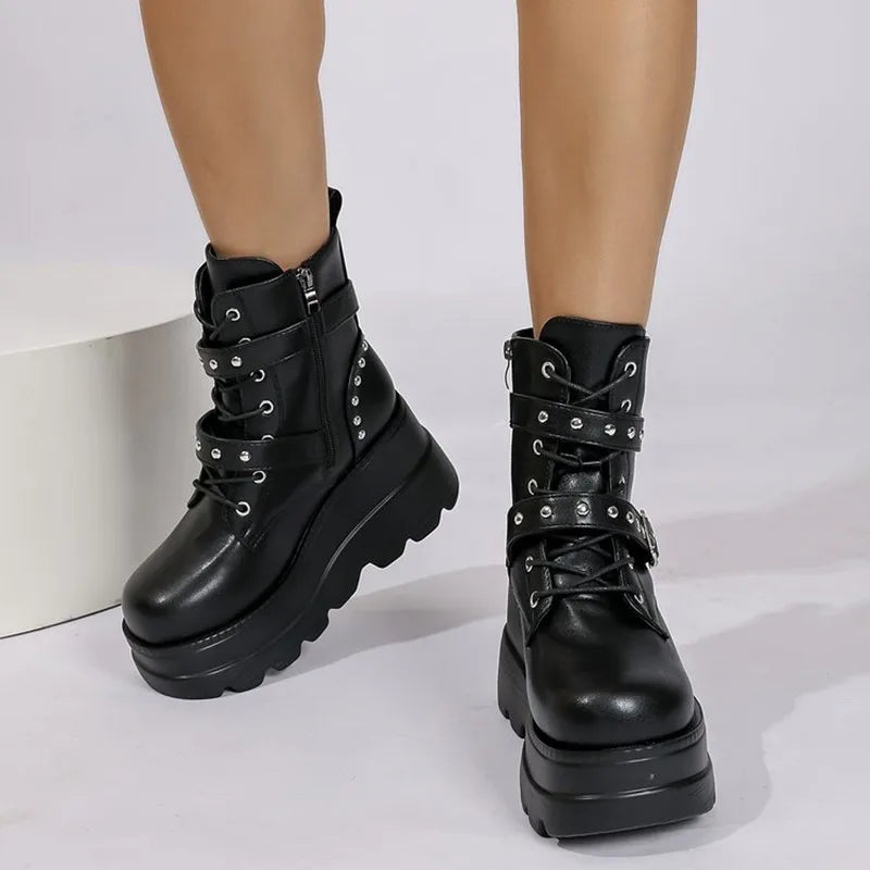 Women Leather Ankle Booties Woman 2026 New Autumn Winter Round Toe Lace Up Shoes Woman Motorcycle Platform Gothic Boots Cosplay
