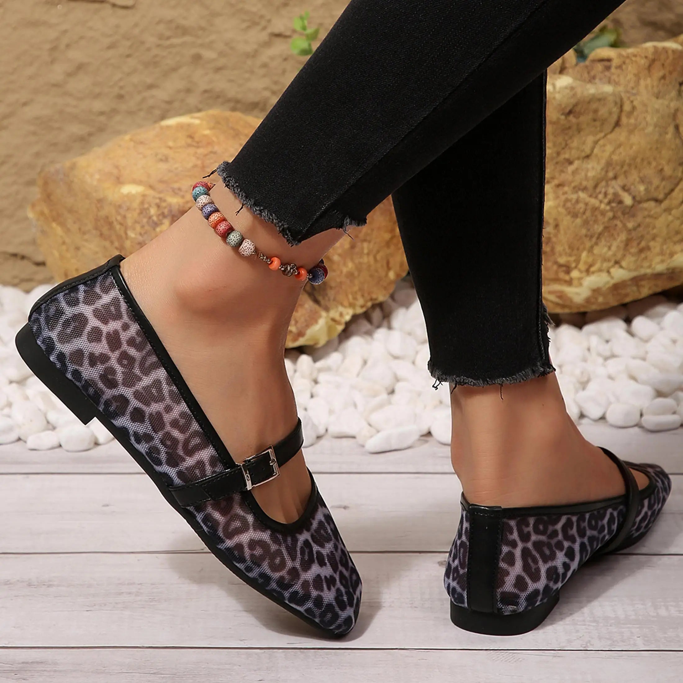 Women's Leopard Mesh Flats Square Toe Buckle Strap Breathable Summer Casual Shoes Springfresh