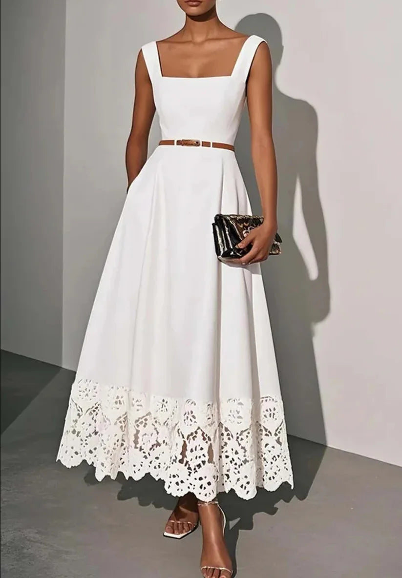 Elegant White Lace Hollow Square Neck Sleeveless A-Line Maxi Dresses, Classic Summer Flowy Long Dress for Women