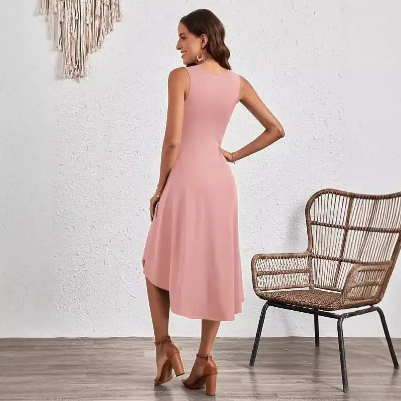 Women's Fashion Sleeveless Solid A-line Wrinkled Midi Dress Summer Female Red O-neck Party Dresses Vestidos Elegantes Para Mujer