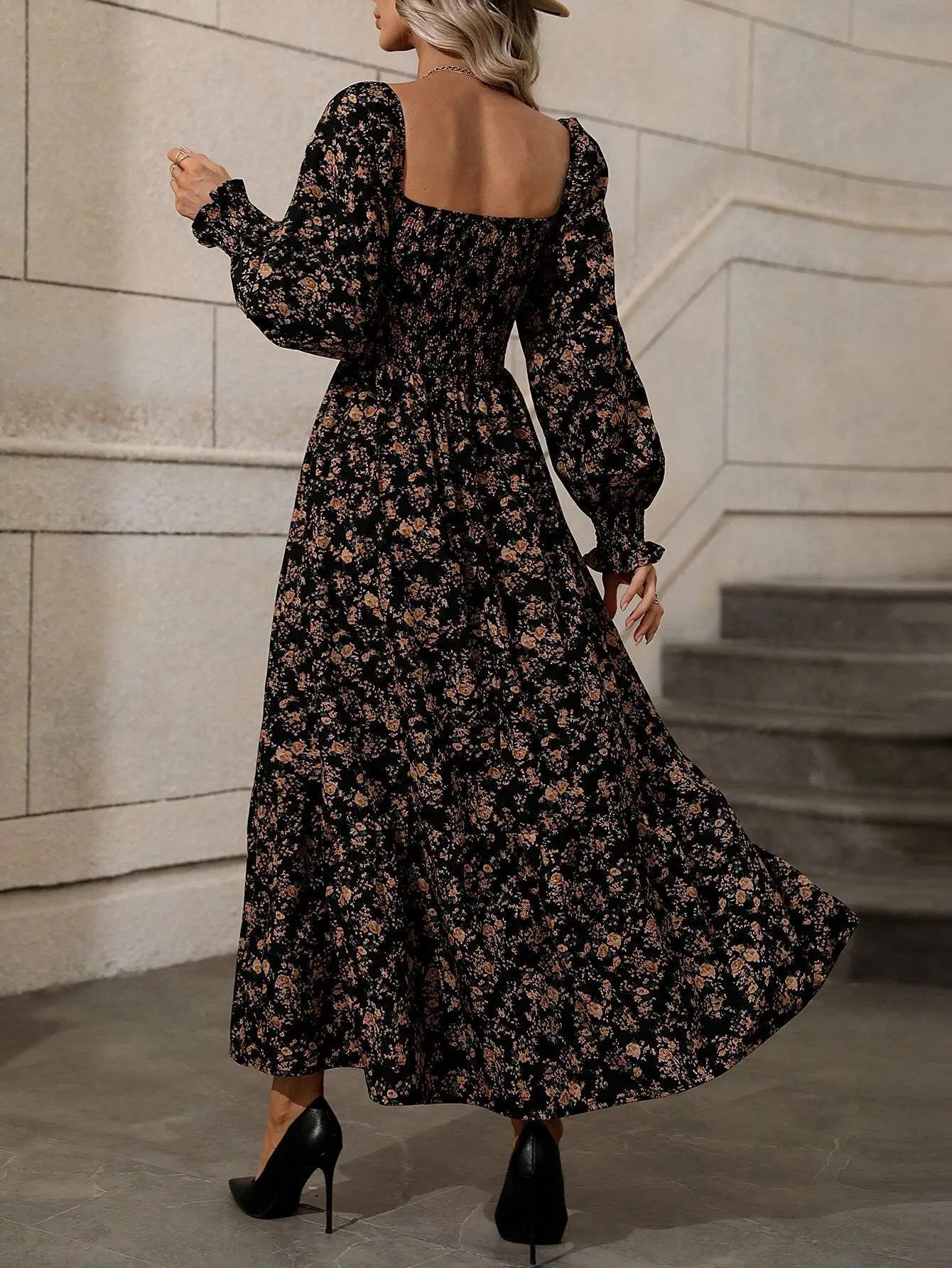 Women's Casual Dresses Puff Sleeve Floral Print Fashion Trendy Temperament Elegant Vintage Commuting All-match Backless Vestidos