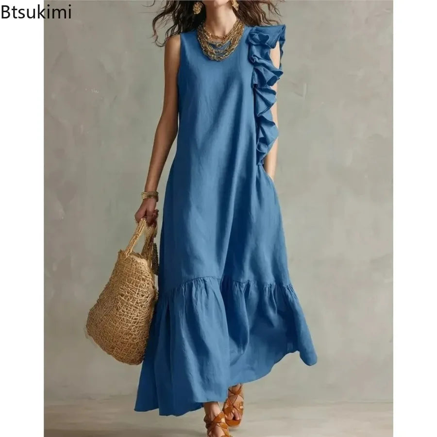 Women's Summer Irregular Ruffled Sleeveless Dress Casual Round Neck Solid Color Loose Long Dress Vestidos De Fiesta Elegantes
