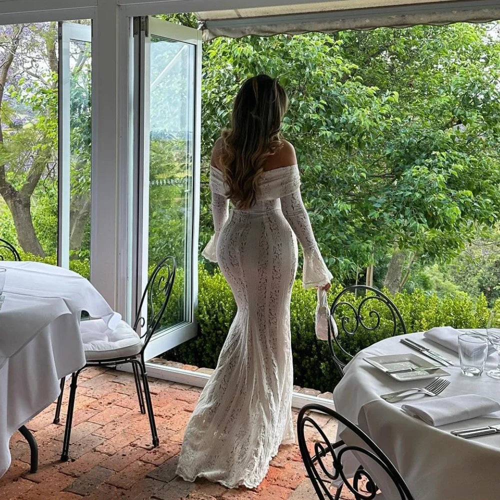 Oligai Elegant Off The Shoulder Bodycon Dress 2024 New in White Flare Sleeve Lace Maxi Dress Wedding Guest Dress for Women