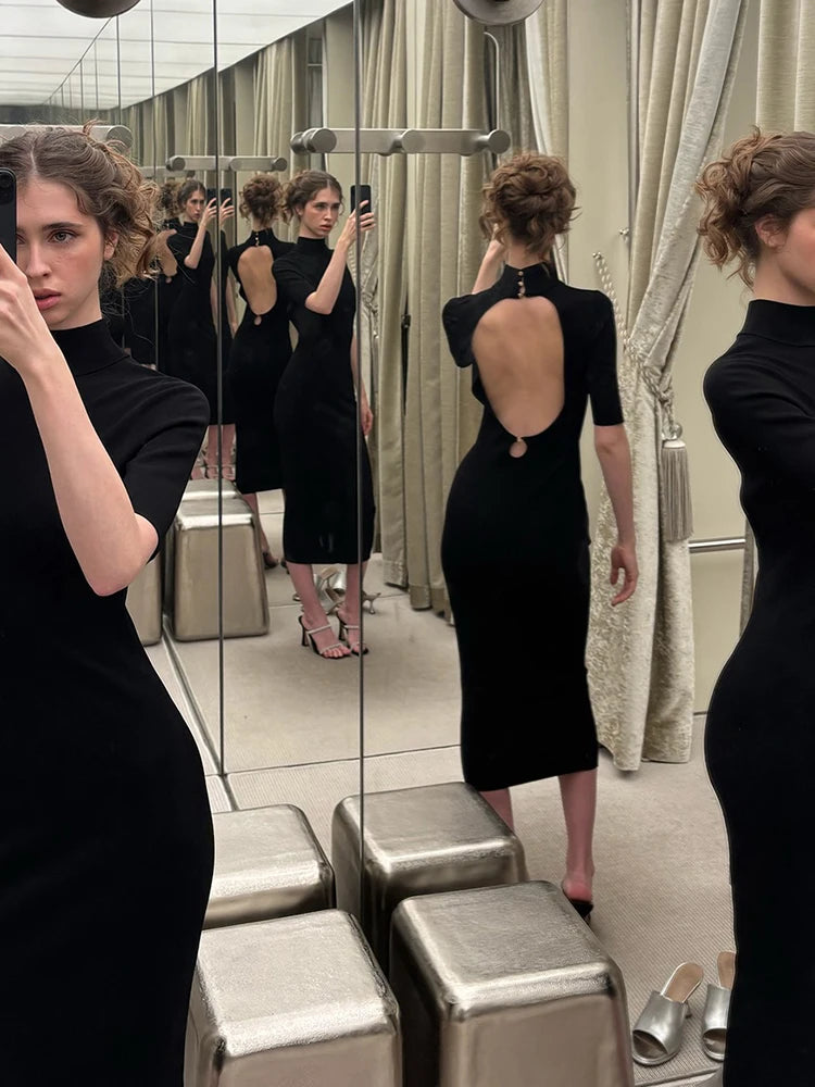 Nibber Peach Hip Elegant Gown Dress Woman Turtleneck Short Sleeve Backless High Waist Skinny Evening Prom Party Long Bodycon