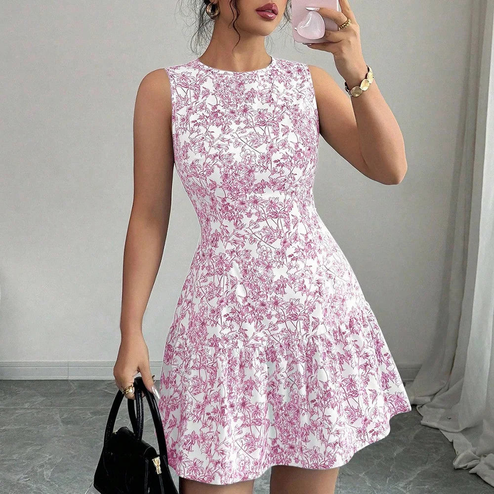 Ropas De Mujeres Print Dresses Vestidos Elegantes Women Vest Dress Sleeveless Summer Beach Bohemian Round Neck Retro Short Dress