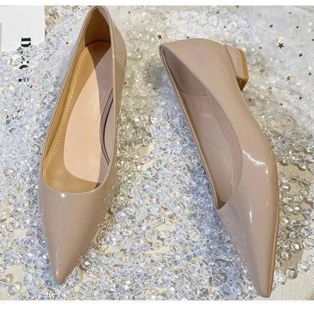 French style patent leather pointed single shoes  Pumps for women with a 3cm low heel new fashionable thick heel flat shoes