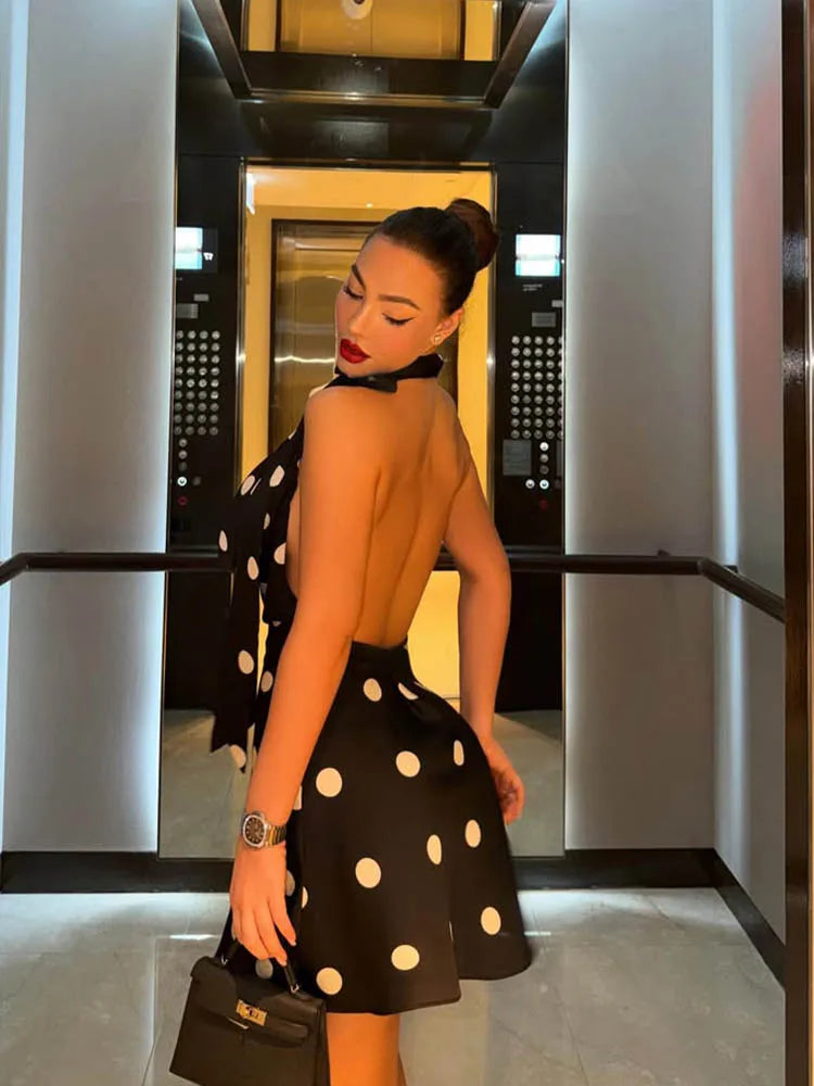 Huhugirl Mini Dresses Backless Sleeveless A-Line Halter Dot Printing Summer Elegant French Party Street Style Slim For Women