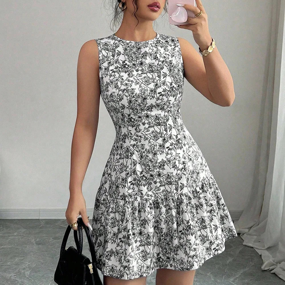 Ropas De Mujeres Print Dresses Vestidos Elegantes Women Vest Dress Sleeveless Summer Beach Bohemian Round Neck Retro Short Dress