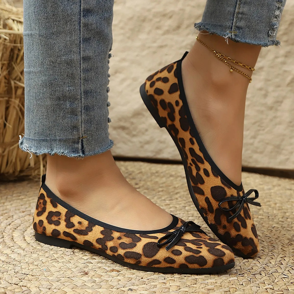 2026 Leopard Flats Women Round Toe Bowtie Work Shoes Spring Ballerines Ladies Soft Soled Loafers Roll-Up Mocasines Femme Ballets