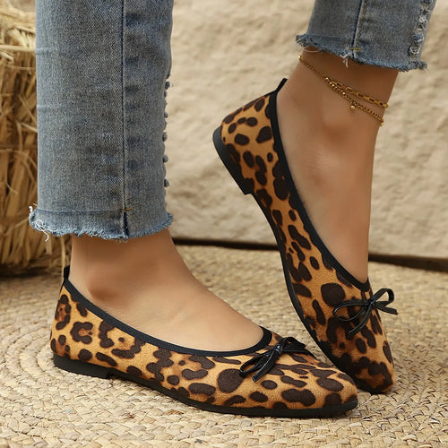 2026 Leopard Flats Women Round Toe Bowtie Work Shoes Spring Ballerines Ladies Soft Soled Loafers Roll-Up Mocasines Femme Ballets