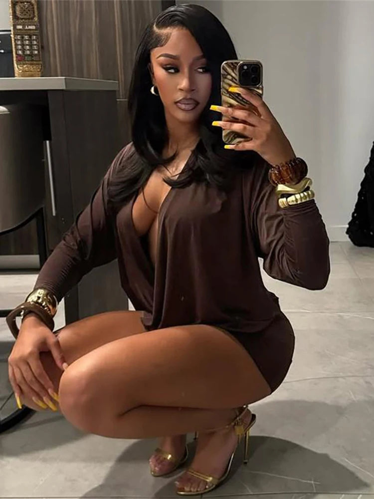 Women's Elegant Deep V-Neck Mini Dress Full Sleeve Skinny Peach Hip Midnight Club Party Sexy Fashion Solid Bodycon
