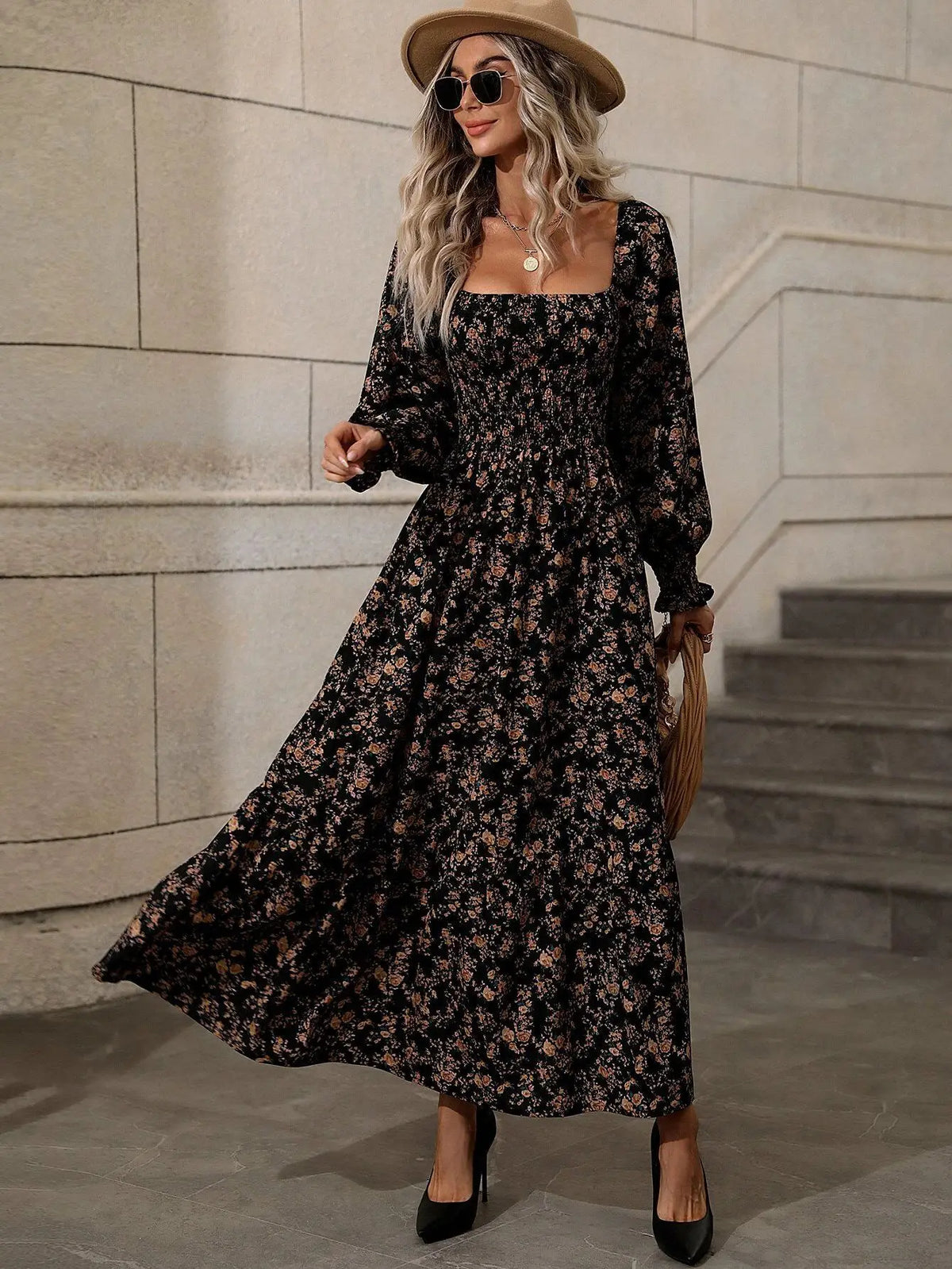 Women's Casual Dresses Puff Sleeve Floral Print Fashion Trendy Temperament Elegant Vintage Commuting All-match Backless Vestidos