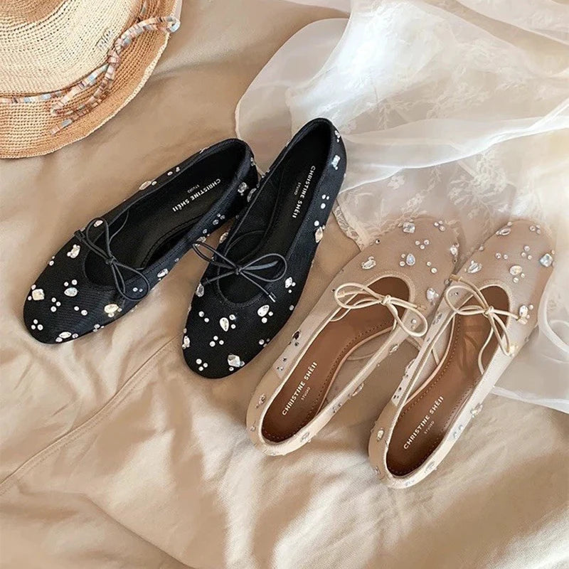 Summer Elegant Women's Sparkly Rhinestone Bow Mesh Block Low Heels Square Toe Ballet Pumps Wedding Party Dress Shoes For Ladies