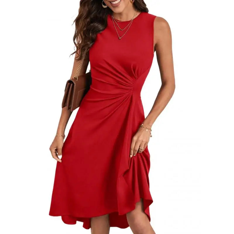 Women's Fashion Sleeveless Solid A-line Wrinkled Midi Dress Summer Female Red O-neck Party Dresses Vestidos Elegantes Para Mujer